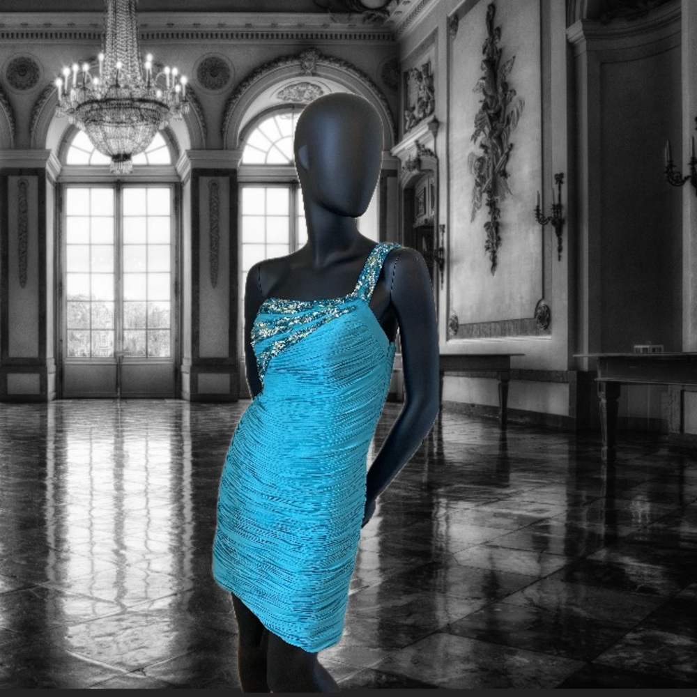 One-shoulder Turquoise short dress